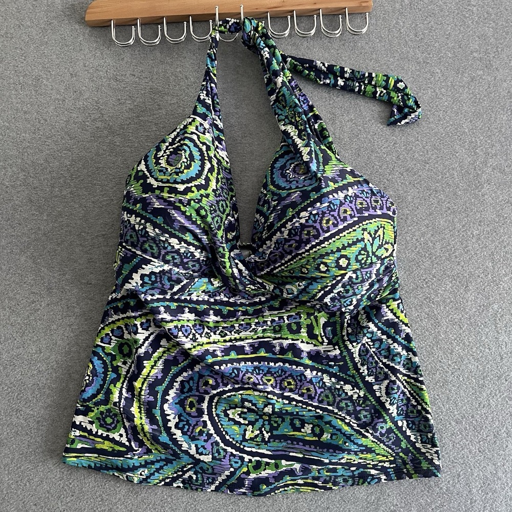 Ralph Lauren Tankini Sz 12 Swimsuit Top Blue Green Paisley Padded Cups Halter